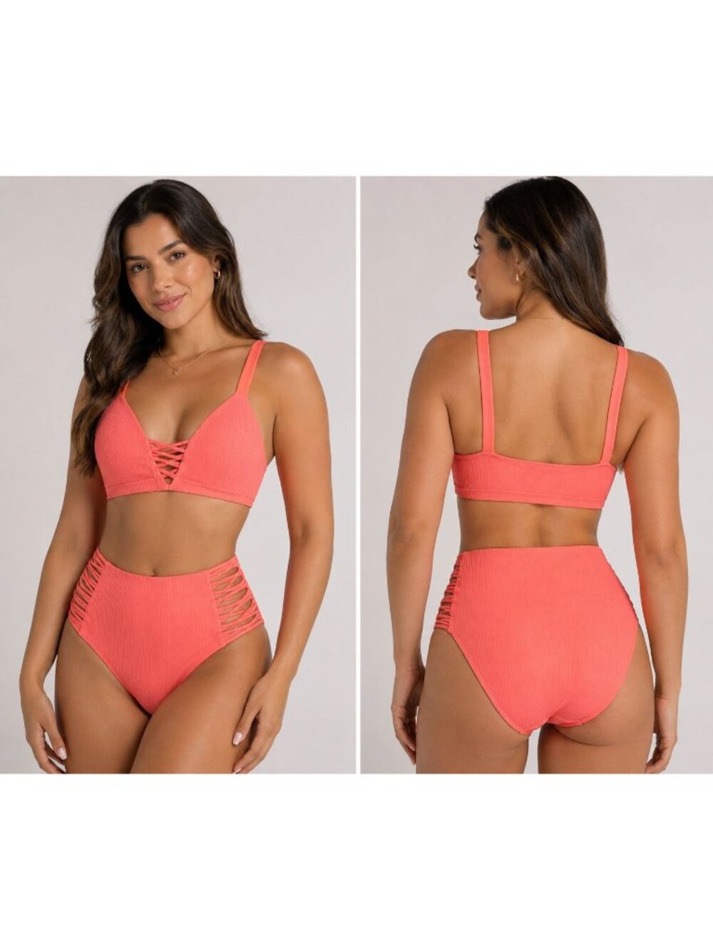 Tinikini Ribbed Coral Bikini Set With High-Waisted Bottoms &  - Size Medium